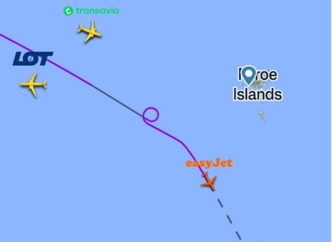 지난 28일(현지시각) 아이슬란드 레이캬비크에서 출발해 영국 맨체스터로 향하는 비행편에서 이지젯 여객기 조종사가 360도 선회한 항적. 출처=플라이트레이더 24