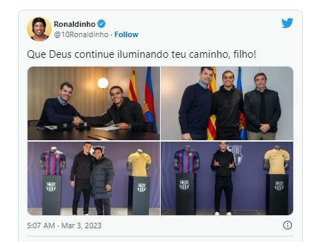 아들 멘지스의 바르셀로나 유스팀 입단 소식을 전한 호나우지뉴. [호나우지뉴 트위터. 재판매 및 DB 금지]