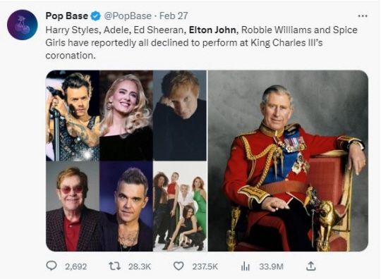 찰스 3세 영국 국왕의 5월 대관식 축하 콘서트에 서지 않겠다고 밝힌 영국 팝스타들. 왼쪽 위부터 시계 방향으로 해리 스타일스, 아델, 에드 시런, 스파이스 걸스, 로비 윌리엄스, 엘튼 존 경. 출처=팝 베이스 트위터