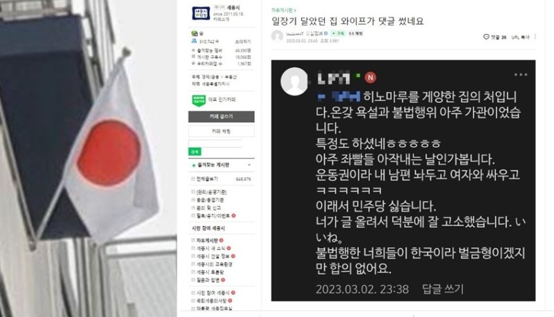 3·1절에 세종시 한 아파트에 내걸린 일장기(왼쪽)와 아파트 거주자로 추정되는 인물이 세종 맘카페에 올린 글. (세종시닷컴 캡처) / 뉴스1 /사진=뉴스1