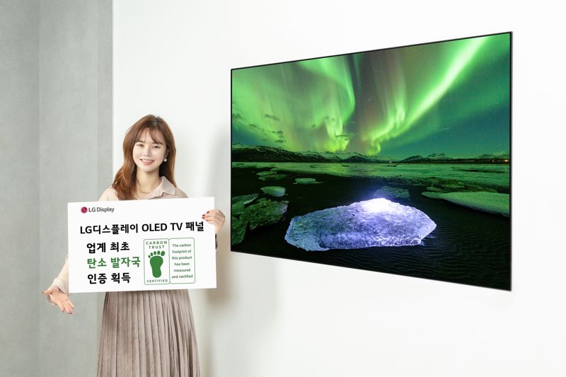 LG디스플레이 모델이 업계 최초로 카본 트러스트 탄소발자국 인증을 획득한 유기발광다이오드(OLED) TV 패널을 소개하고 있다. LG디스플레이 제공