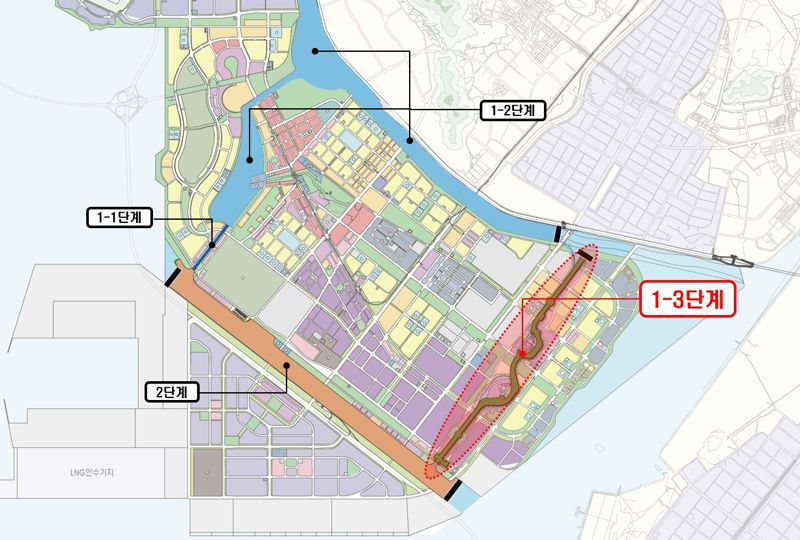 인천경제자유구역청은 상반기 워터프런트 1-3단계 ‘유수지 친수공간 조성 설계 용역’을 발주해 내년 본격적인 공사를 진행할 계획이다. 사진은 송도 워터프런트 사업 1-3단계 사업 위치도.