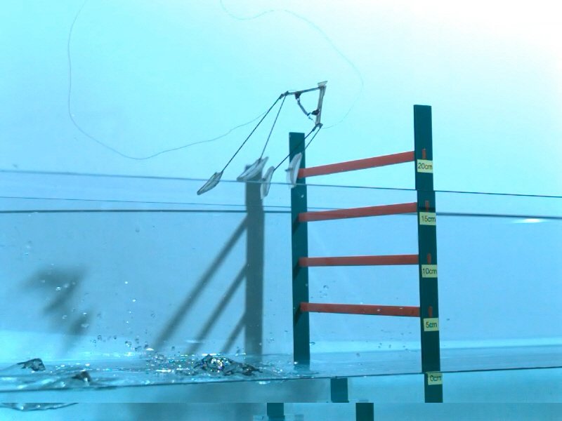 [수원=뉴시스] 아주대 연구팀이 개발한 수면도약 로봇이 수면에서 뛰어 올라 20cm 장애물을 넘어 가는 모습. (사진=아주대 제공) 2023.03.22. photo@newsis.com *재판매 및 DB 금지