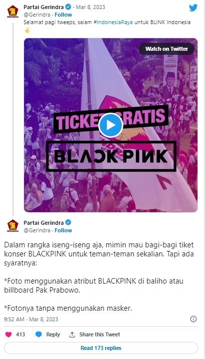 인도네시아 야당인 그린드라당은 SNS를 통해 자카르타에서 열리는 블랙핑크 월드투어 ‘본 핑크’ 공연 티켓을 추첨을 통해 증정하는 캠페인을 진행했다. 8일(현지시간) 트위터 캡쳐 /사진=뉴스1