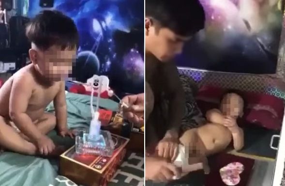 3살 아기에게 필로폰으로 추정되는 약물을 흡입시키는 모습. 사진=베트남 징뉴스