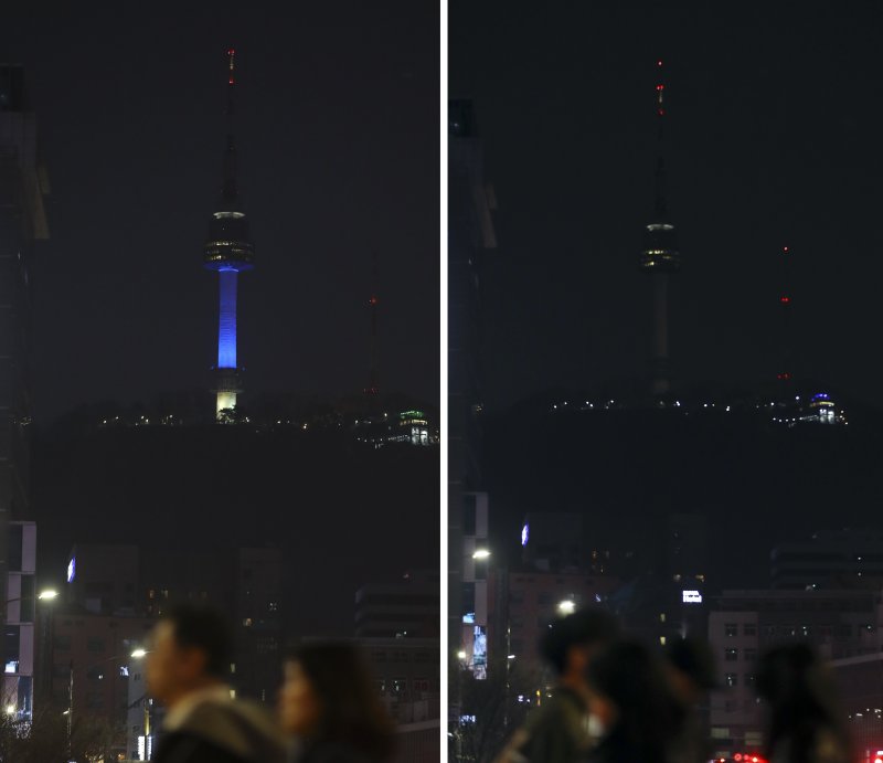 [서울=뉴시스] 최진석 기자 = 세계자연기금(WWF)이 개최하는 지구촌 전등 끄기 '어스 아워(Earth Hour)' 캠페인날인 25일 오후 서울 남산 N서울타워에 조명이 꺼져(오른쪽) 있다. 어스아워는 비영리 자연보호기관 '세계자연기금'(WWF)이 주관하는 세계 최대 규모의 기후 위기 대응 캠페인이다. 2007년부터 매년 3월 마지막 주 토요일 오후 8시30분부터 1시간 동안 소등한다. 2023.03.25. myjs@newsis.com