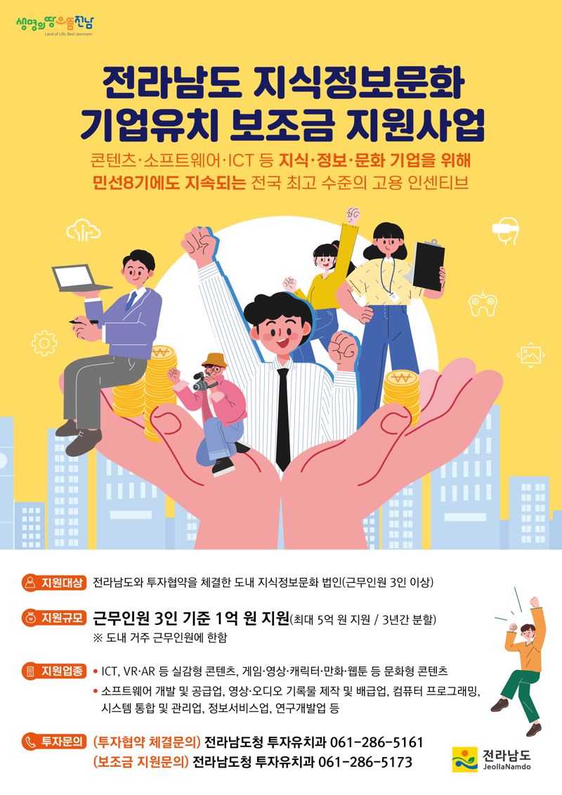 전남도가 전국에서 유일하게 지식정보문화산업 분야 보조금 신설해 운영하는 가운데 지식정보문화기업 10개사가 오는 2026년까지 총 129억원을 투자해 청년 일자리 183개를 창출할 예정이다.