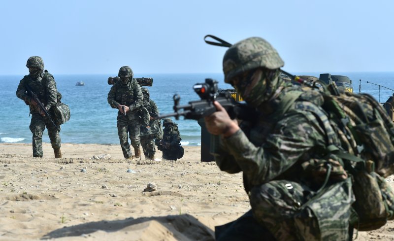 29일 경북 포항시 화진리 해변에서 한·미 연합 ‘2023 쌍룡훈련’이 진행되고 있다. 5년 만에 재개된 이번 훈련에는 사단급 규모 상륙군과 대형수송함(LPH) 독도함, 강습상륙함(LHD) 마킨 아일랜드함 등 30여 척, F-35 전투기·육군 아파치 공격헬기(AH-64)·마린온 상륙기동헬기 등 항공기 70여 대, 상륙돌격장갑차(KAAV) 50여 대 등 대규모 연합·합동전력이 투입됐다. 사진=뉴시스화상