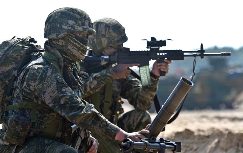 29일 경북 포항시 화진리 해변에서 한·미 연합 ‘2023 쌍룡훈련’이 진행되고 있다. 5년 만에 재개된 이번 훈련에는 사단급 규모 상륙군과 대형수송함(LPH) 독도함, 강습상륙함(LHD) 마킨 아일랜드함 등 30여 척, F-35 전투기·육군 아파치 공격헬기(AH-64)·마린온 상륙기동헬기 등 항공기 70여 대, 상륙돌격장갑차(KAAV) 50여 대 등 대규모 연합·합동전력이 투입됐다. 사진=뉴시스