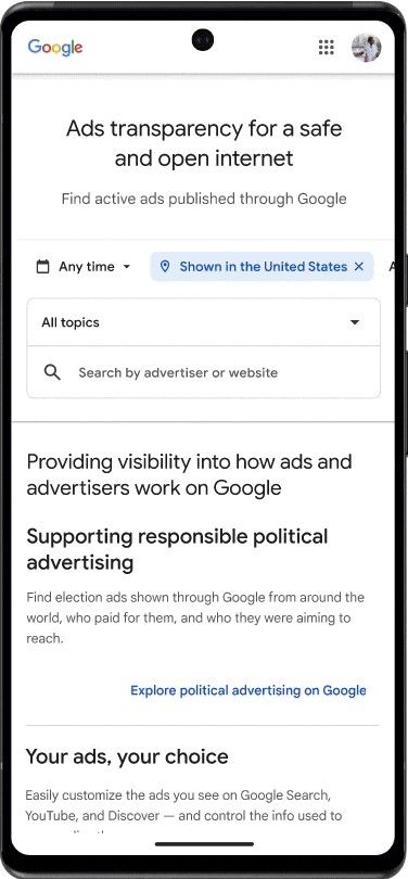구글 광고 투명성 센터에서는 광고를 검색하고 광고 형식에 대해 확인하고 가장 최근에 광고가 표시된 날짜를 확인할 수 있다. 관련 화면 예시. 구글코리아 제공