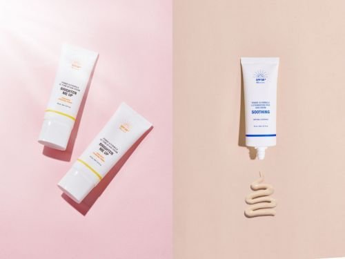 파워 10 포뮬라 브이씨 톤업 선크림(왼쪽)과 파워 10 포뮬라 엘아이 파데프리 선크림 감초줄렌 선크림.(잇츠스킨제공)