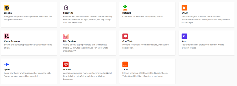챗GPT 플러그인 파트너십 기업 리스트. 오픈AI 홈페이지 캡처