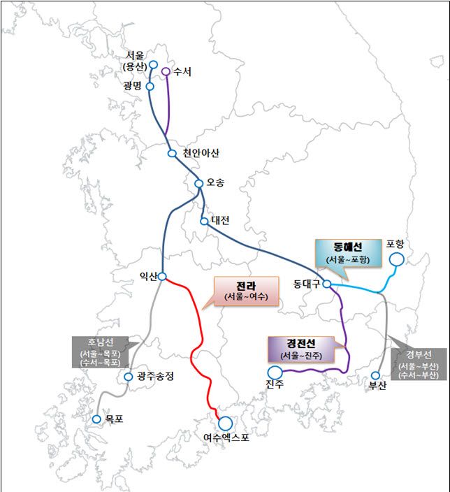 경북 포항시민들의 숙원인 수서행 고속열차 운행이 확정, 광역 교통편의 증진이 기대된다. 사진은 고속철도 노선도. 사진=포항시 제공