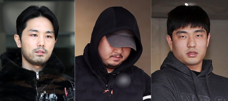 '강남 납치·살해 사건'의 피의자 이경우(왼쪽부터), 황대한, 연지호가 4월 9일 서울 강남구 수서경찰서에서 검찰로 송치되고 있다. /사진=뉴스1