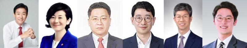 부산 연제지역구 출마가 거론되는 후보군들. 왼쪽부터 이주환 국회의원, 김희정 전 의원, 김윤일 미래정책비서관, 주진우 법률비서관(이상 국민의힘), 이성문 전 연제구청장, 김태훈 전 부산시의원(이상 민주당)