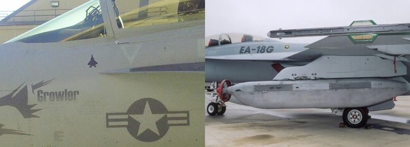 EA-18G 그라울러. 모의 공중전에서 F-22를 요격했고 요격한 EA-18G 그라울러 512호기에 F-22 가상 격추마크(왼쪽)가 그려졌다. 날개에 탑재된 AN/ALQ-99F(V) 재밍 포드. 그라울러 전자전기는 전자전 능력을 갖춘 AN/APG-79 AESA 레이더를 사용하지만 전자전 체계 핵심은AN/ALQ-99F(V) 재밍 포드다. 사진=미 해군·내셔널 인터레스트(national interest)