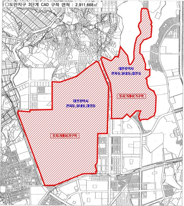 17일 토지거래허가구역으로 재지정된 도안지구3단계 개발사업지구 위치도.