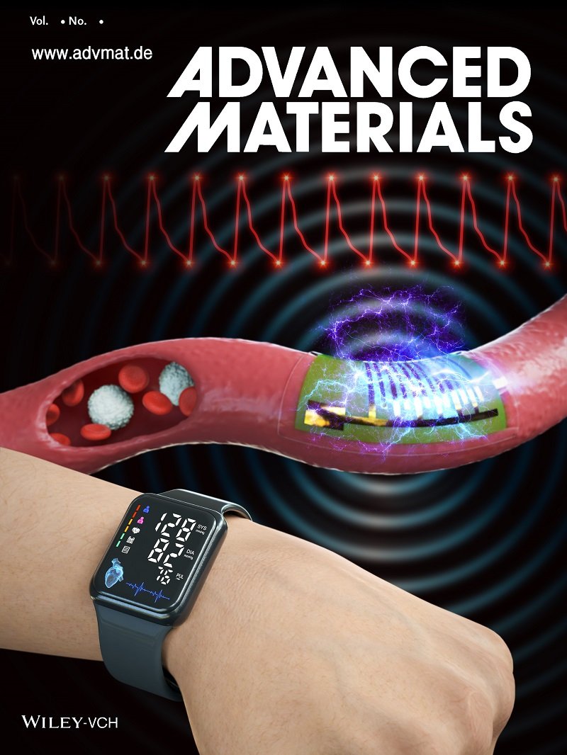 한국과학기술원(KAIST) 신소재공학과 이건재 교수팀이 개발한 혈압 측정 웨어러블 유연 압전 센서가 국제 학술지 '어드밴스드 머터리얼즈(Advanced Materials)'의 표지논문으로 선정됐다. KAIST 제공