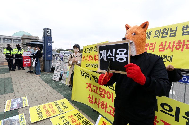 18일 오후 서울 영등포구 여의도 국회 앞에서 열린 개식용 금지 법안 국회통과 촉구 기자회견에서 한국동물보호연합 회원들이 퍼포먼스를 하고 있다. 뉴시스