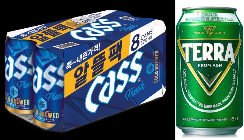 [서울=뉴시스]좌측부터 테라 355㎖ 제품, 카스 묶음팩 370㎖ 제품의 모습.(사진=각사 제공)