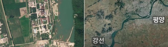 북한 영변 핵시설(왼쪽)과 평양과 강선 일대를 촬영한 위성사진. 사진=Planet Labs Inc.·미국의소리(VOA) 방송 캡처
