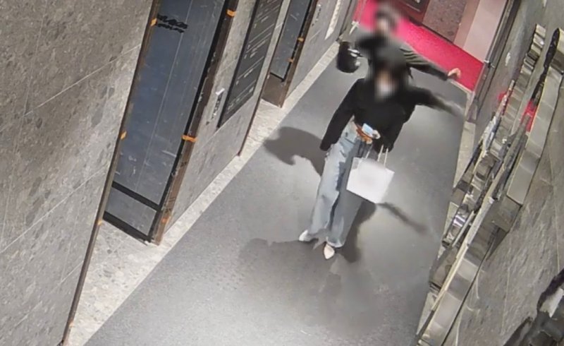 지난 2022년 5월 22일 오전 5시2분쯤 부산 진구 한 오피스텔 1층 복도에서 30대 남성 A씨(뒤쪽)가 20대 여성 B씨를 발로 가격하려는 모습이 CCTV에 찍힌 모습. /사진=뉴스1