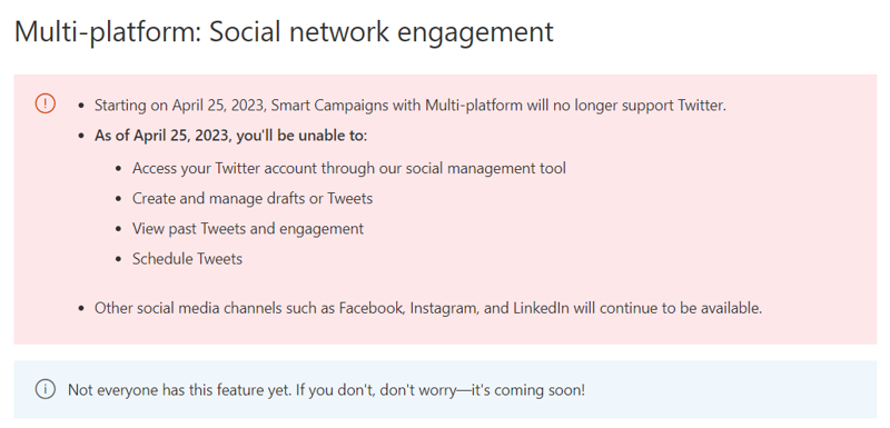 마이크로소프트가 19일(현지시간) 홈페이지를 통해 자사 마케팅 플랫폼에서 트위터는 더 이상 지원하지 않는다고 밝혔다. 마이크로소프트 홈페이지 캡처