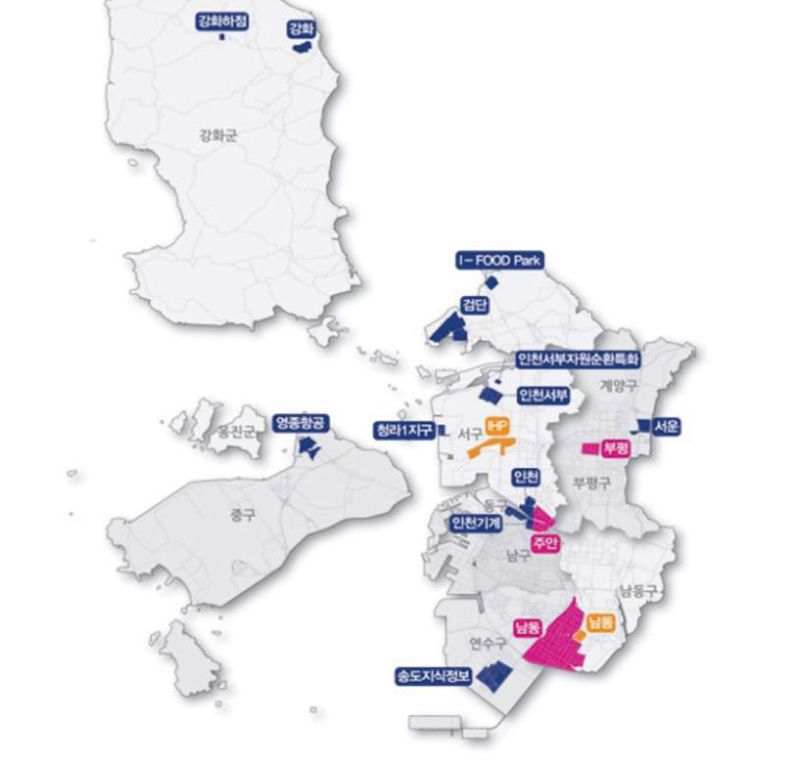 인천시는 국토교통부·산업통상자원부가 주관하는 ‘2024년 노후거점산업단지 경쟁력강화사업지구 선정 공모’에 최종 선정됐다. 사진은 인천 지역 산업단지 위치도.