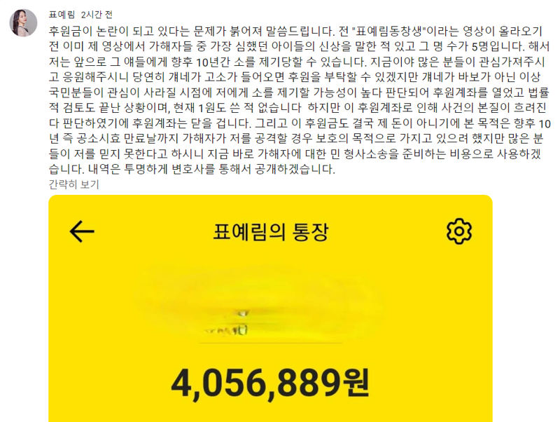 표예림씨가 유튜브 채널 '표예림' 커뮤니티에 '후원금 논란'에 대해 입장을 밝혔다. (유튜브)