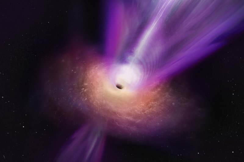 블랙홀의 부착원반과 제트를 나타낸 상상도. 원반 형태를 이루며 블랙홀로 빨려 들어가고 있는 부착원반과 제트의 형태를 이루며 블랙홀로부터 분출된 제트를 확인할 수 있다. 천문연구원 제공