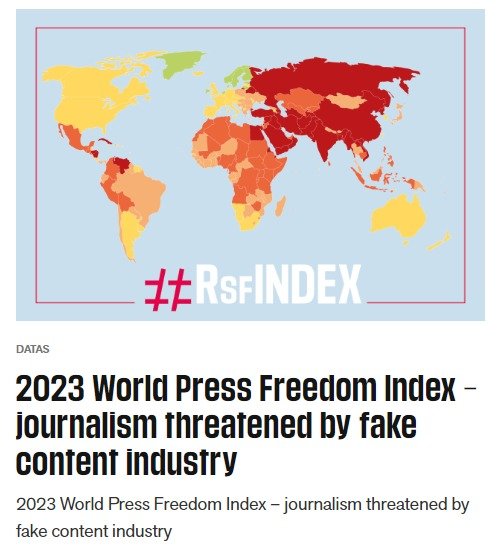 국경없는기자회(RSF)가 발표한 '2023 세계 언론 자유 지수' 보고서.뉴스1