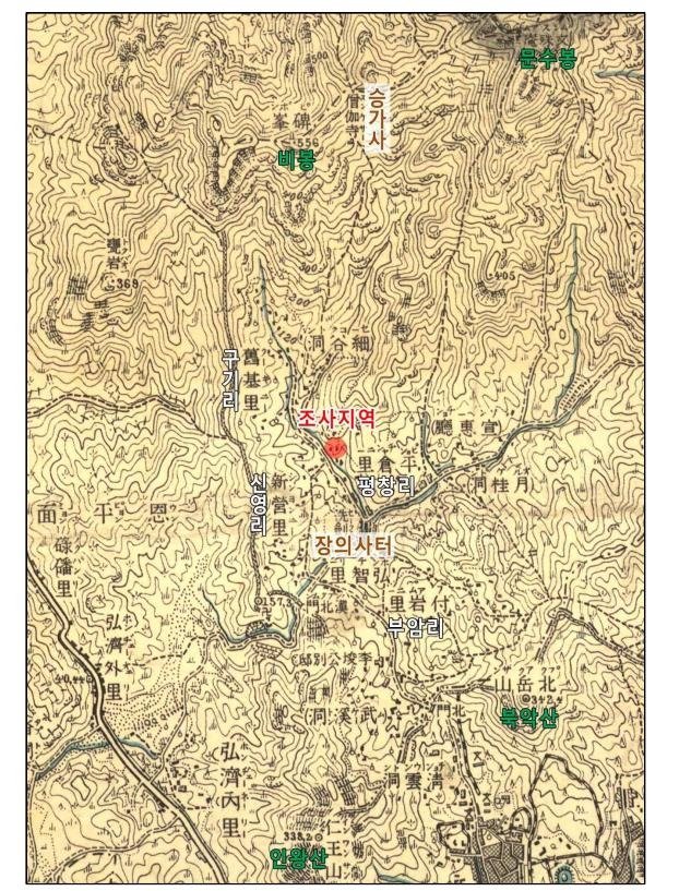 발굴 조사 현장을 표시한 지도 1915년 일제강점기 지형도에 유물과 유구가 출토된 현장과 승가사, 장의사터 등을 표시한 것 [수도문물연구원 제공. 재판매 및 DB 금지]