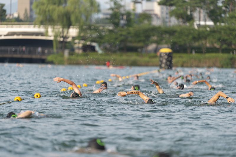 2022 롯데 아쿠아슬론 참가자들이 맑아진 석촌호수에서 수영하고 있다. 롯데물산 제공