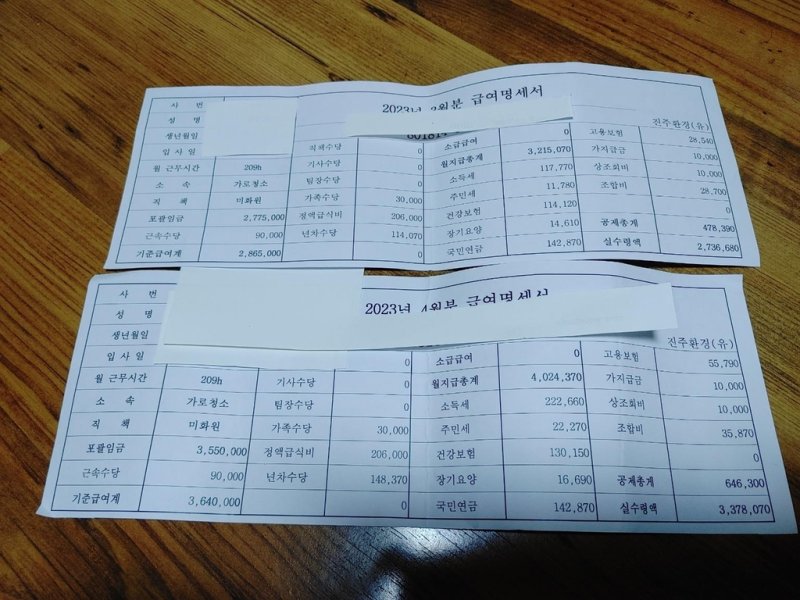 진주 가로청소 환경미화원 급여명세서 [민주노총 민주일반연맹 일반노조 제공. 재판매 및 DB 금지]