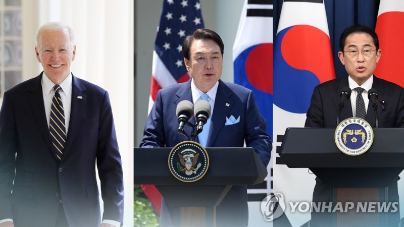왼쪽부터 조 바이든 미국 대통령, 윤석열 대통령, 기시다 후미오 일본 총리. 연합뉴스