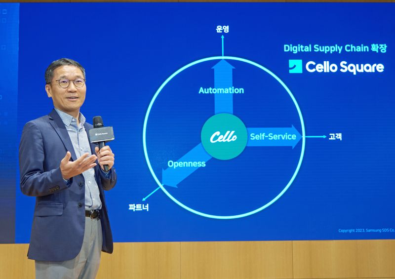 삼성SDS 오구일 물류사업부 부사장이 18일 잠실 캠퍼스에서 열린 '첼로스퀘어 기자 간담회'에서 디지털 물류 플랫폼 첼로스퀘어 로드맵을 발표하고 있다.<div id='ad_body3' class='mbad_bottom' ></div> 삼성SDS 제공