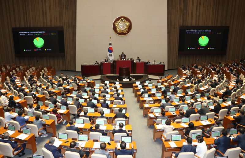 지난 25일 국회에서 열린 본회의에서 '전세 사기 피해자 지원 및 주거 안정에 관한 특별법' 이 통과되고 있다. 사진=뉴스1