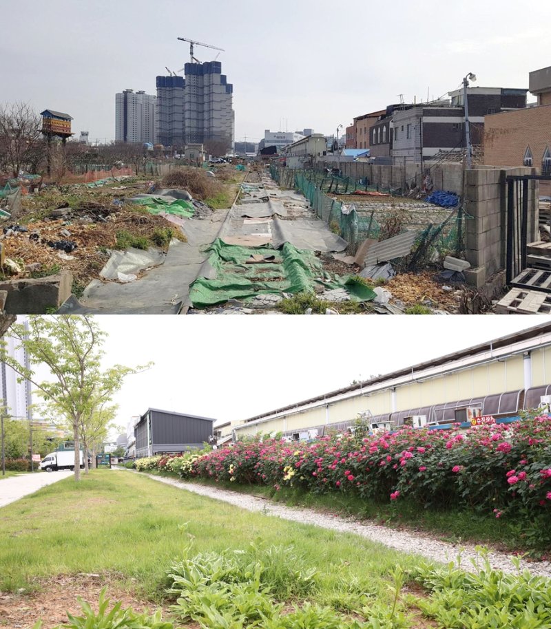 신영시장 폐 철도부지의 도시재생사업 전과 후 [군산시 제공] [촬영 = 백도인 기자]