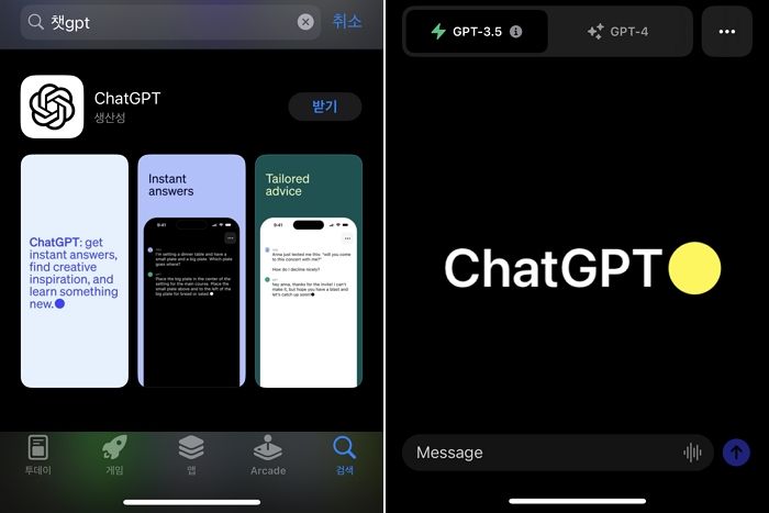 '챗GPT' 앱. 앱스토어 및 챗GPT 앱 캡처