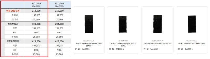 갤럭시 S22 울트라의 액정 수리 비용. 왼쪽은 삼성전자 서비스센터의 공식 수리 비용, 오른쪽은 자가수리 시 구매해야 하는 액정 부품의 가격이다. (사진=삼성전자 홈페이지 캡처) *재판매 및 DB 금지