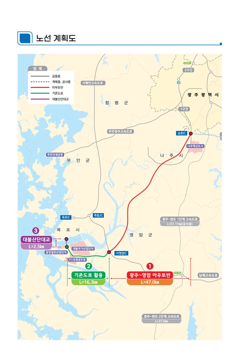 광주~영암 아우토반과 대불산단대교 노선 연결도