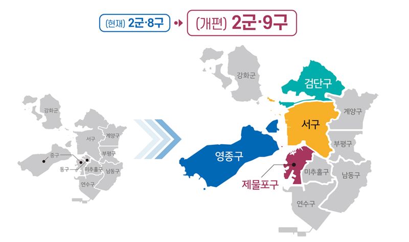 인천시가 추진 중인 행정체제 개편 전후의 지역 전도.