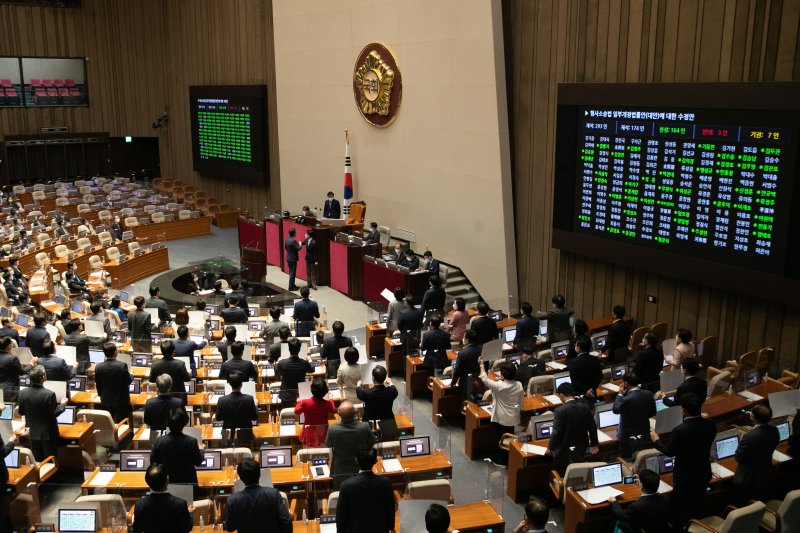 [서울=뉴시스] 고범준 기자 = 지난해 5월3일 오전 열린 국회 본회의에서 국민의힘 의원들이 항의하는 가운데 검수완박(검찰 수사권 완전 박탈) 두번째 법안인 형사소송법 개정안에 대한 표결을 진행하고 있다. (공동취재사진) 2022.05.03. photo@newsis.com