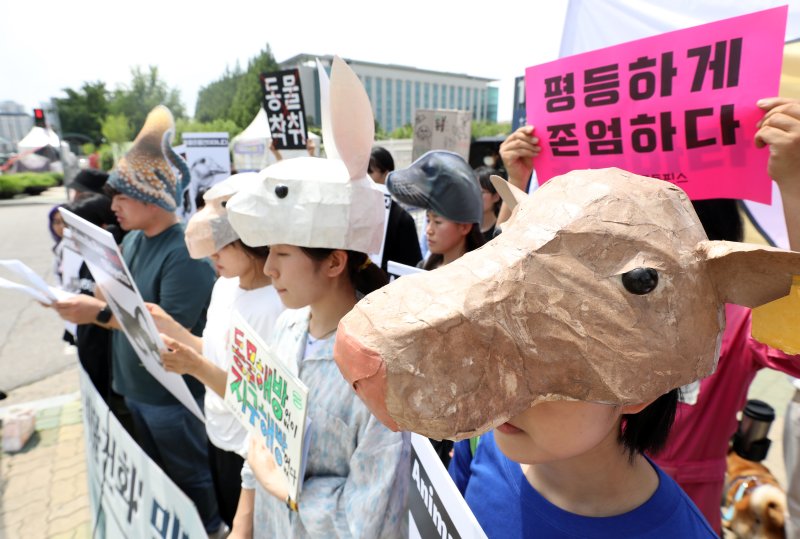 [서울=뉴시스] 김금보 기자 = 동물해방물결 등 동물보호단체 활동가들이 30일 서울 영등포구 국회의사당 정문 앞에서 동물 비물건화 민법 일부개정법률안 즉시 통과를 촉구하는 기자회견을 하고 있다. 2023.05.30. kgb@newsis.com