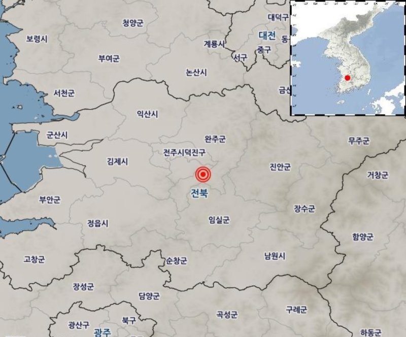 5일 낮 12시42분 전북 완주군 남쪽 15km 지역에서 규모 2.1의 지진이 발생했다.(전주기상지청 제공)2023.6.5/뉴스1