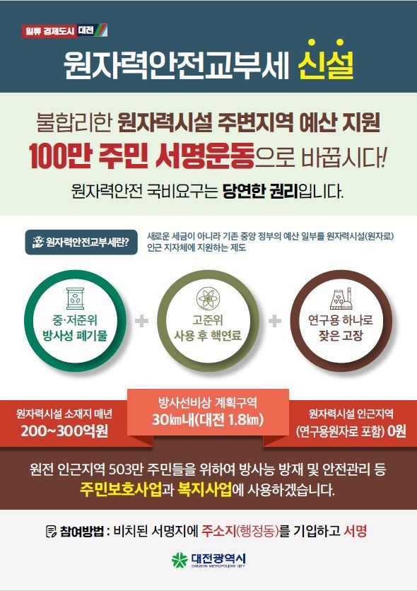 대전시 원자력안전교부세 100만 주민 서명운동 관련 홍보 이미지