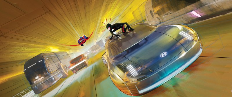 현대자동차는 '스파이더맨: 어크로스 더 유니버스'에 자사 콘셉트카를 선보였다. 사진은 영화에 등장하는 플라잉 프로페시와 스파이더맨의 모습. 현대차 제공