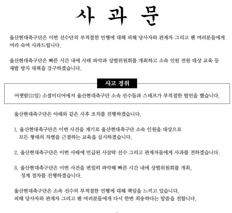 프로축구 '울산 현대', 선수들 인종차별 SNS에 공식 사과 "상벌위원회 개최"