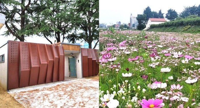 전주천에 위치한 자원봉사센터 인근에 설치된 공중화장실과 꽃밭(전주시 제공)/뉴스1