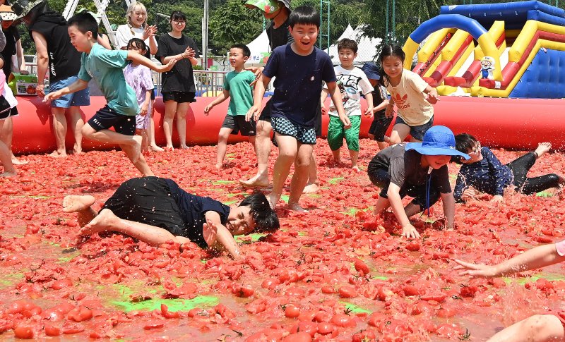 [광주(경기)=뉴시스] 김종택 기자 = 'TO마토 MA음껏 TO게더'를 주제로 제21회 퇴촌 토마토축제가 열린 16일 경기도 광주시 퇴촌면 공설운동장 토마토 풀장에서 어린이들이 슬라이딩하며 즐거운 시간을 보내고 있다. 2023.06.16. jtk@newsis.com